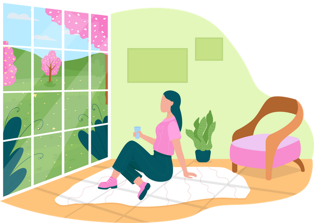 Girl watching spring flowers through home window  Illustration