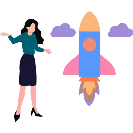 Girl watching startup rocket  Illustration