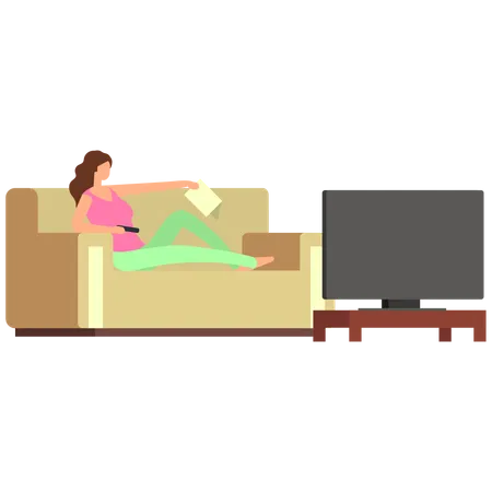 Girl watching tv at home  イラスト