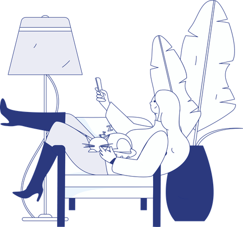 Girl watching tv while cat sleeping in lap  Illustration