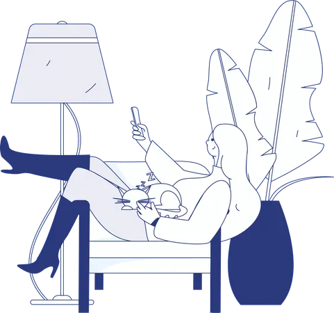Girl watching tv while cat sleeping in lap  Illustration
