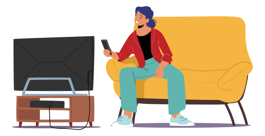 Girl watching tv while sitting on couch Illustration