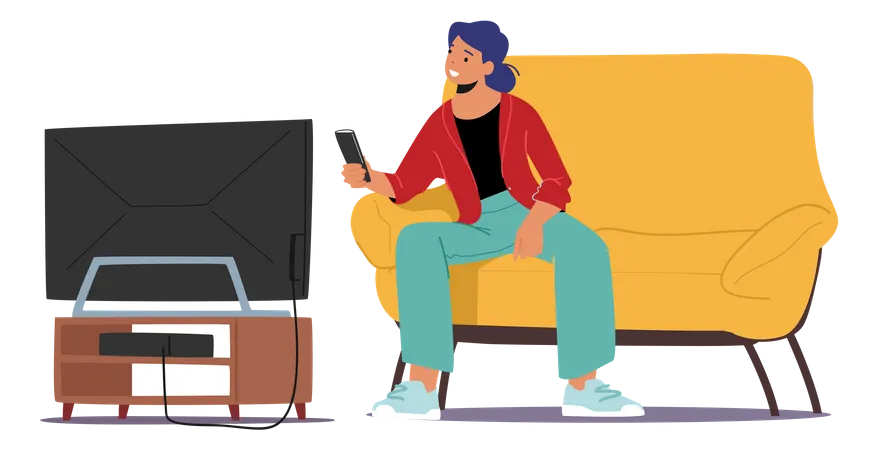 Student Female Character Watching Tv Set In Dormitory Young Woman With Remote Control In Hand Sitting On Couch Front Of Television Spare Time Leisure Home Relax Cartoon People Vector Illustration Illustration