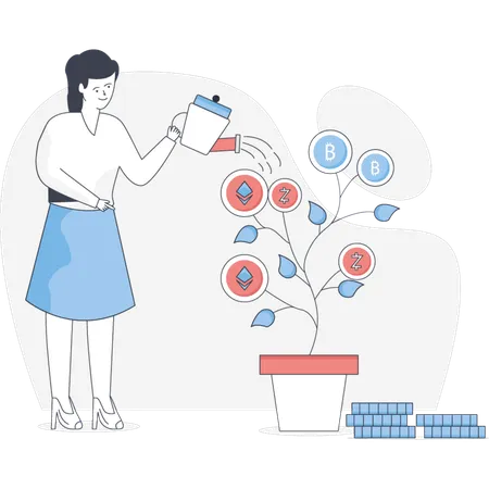 비트코인 식물에 물을 주는 소녀  일러스트레이션