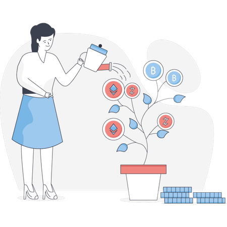 Girl watering bitcoin plant  Illustration