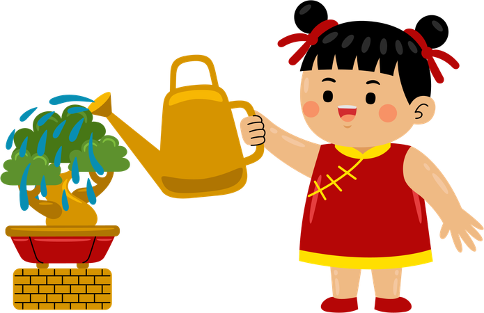 Girl watering chinese plant  Illustration