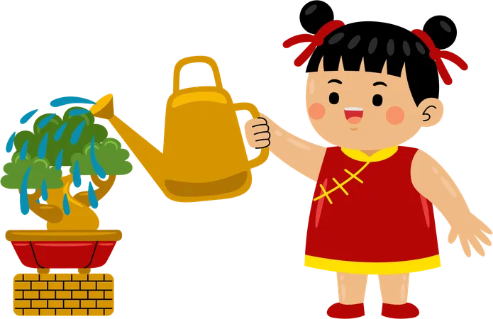 Girl watering chinese plant  Illustration