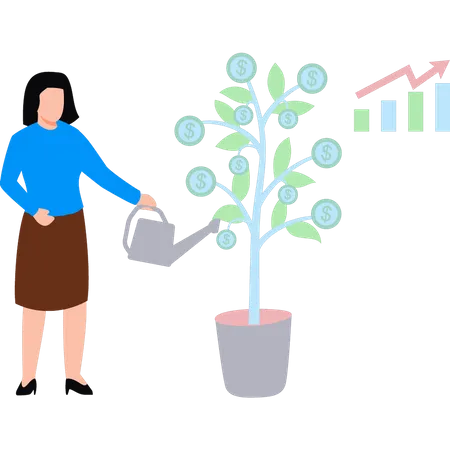 Girl watering dollar plant  Illustration