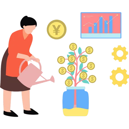 The Girl Is Watering The Dollar Plant Illustration
