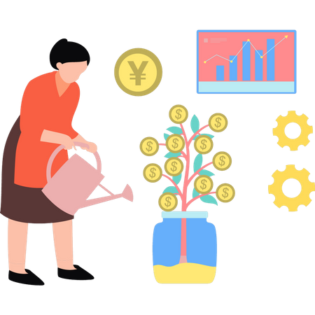 Girl watering dollar plant  Illustration