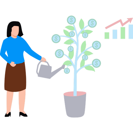 Girl watering dollar plant  Illustration