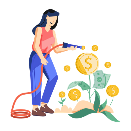 Girl watering dollar plant  Illustration