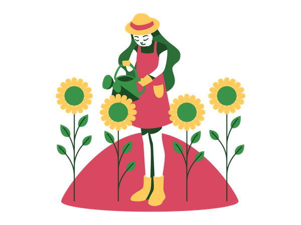 Girl Watering Flowers Illustration