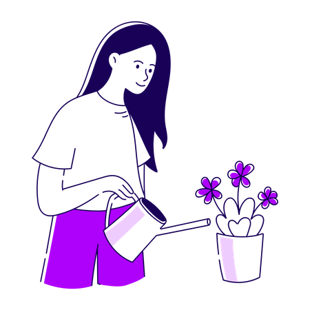 Girl Watering Flowers Illustration