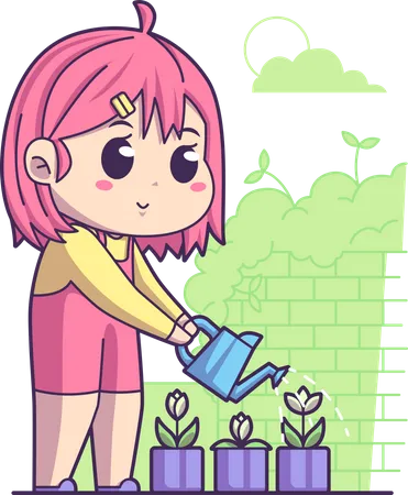 Girl watering flowers  Illustration