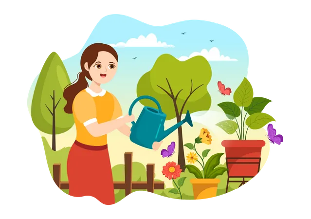 Girl watering flowers Illustration