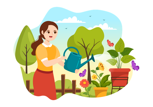 Girl watering flowers  Illustration