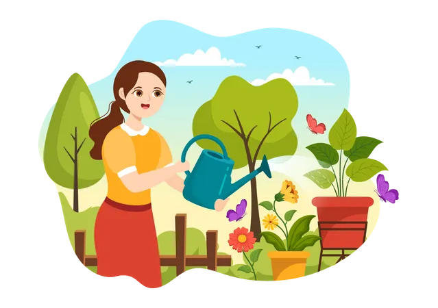 Girl watering flowers  Illustration