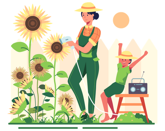 Girl watering flowers  Illustration