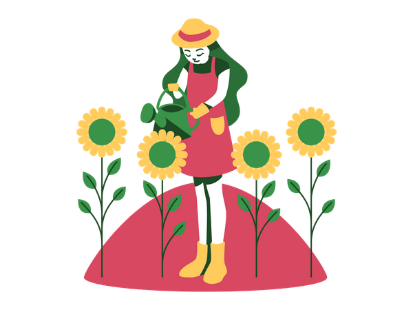 Girl Watering Flowers  Illustration