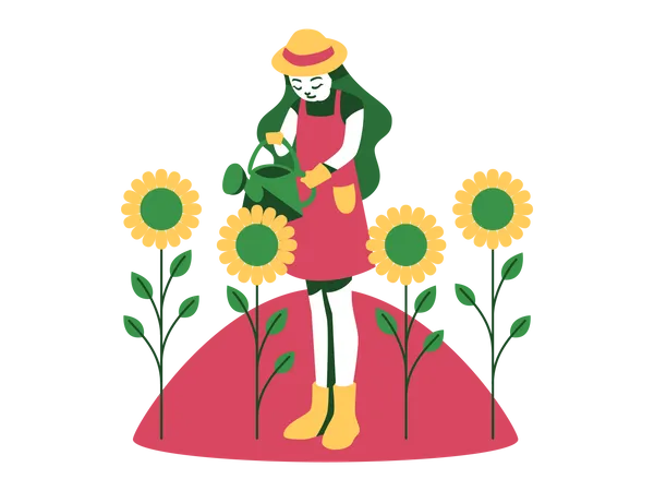 Girl Watering Flowers  Illustration