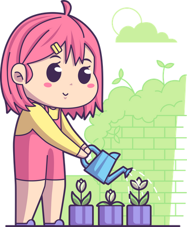 Girl watering flowers  Illustration