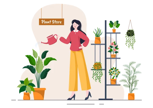 Girl watering flowers in shop  Illustration