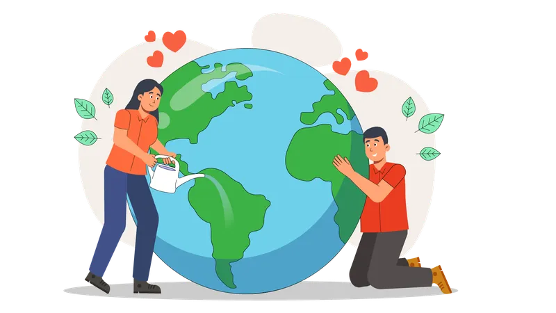 Girl watering globe while man take caring of globe  Illustration