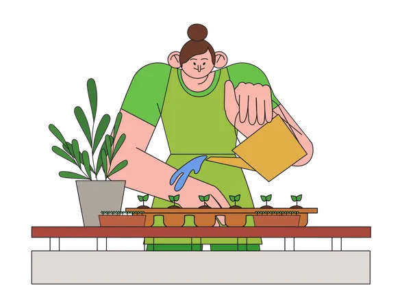 Girl watering house plant Illustration
