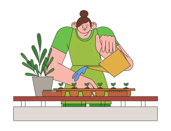 Girl watering house plant  Illustration