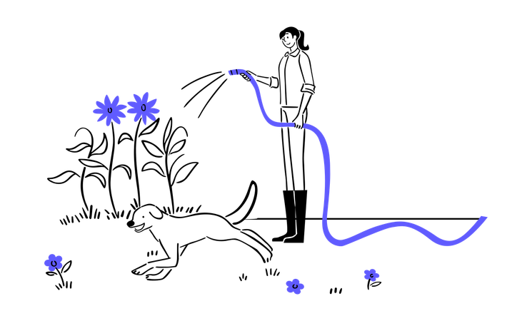 Girl watering in Garden with dog nearby  Illustration