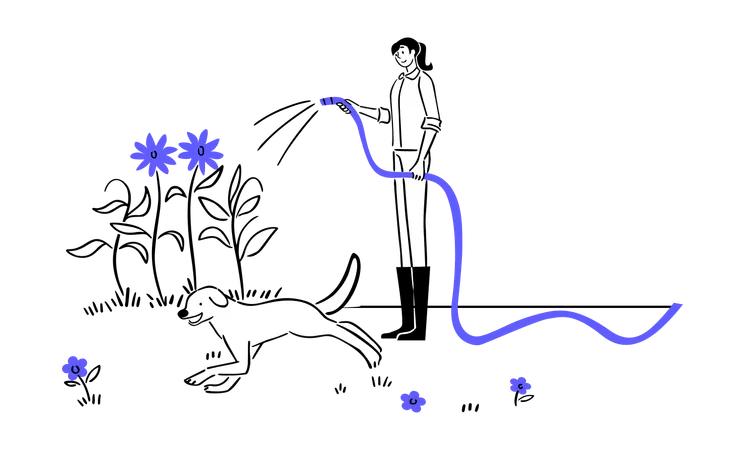 Girl watering in Garden with dog nearby  Illustration