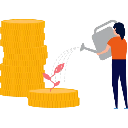 The Girl Is Watering The Coins Illustration