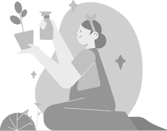 Girl Watering On Plants  Illustration