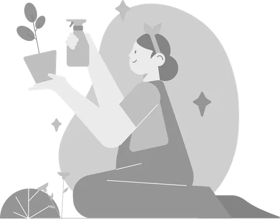 Girl Watering On Plants  Illustration