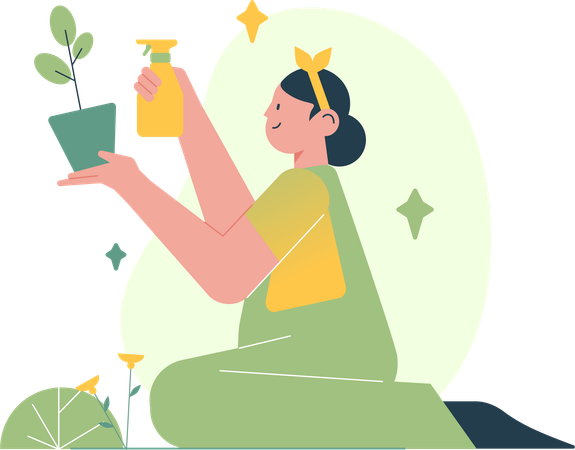Girl Watering On Plants  Illustration