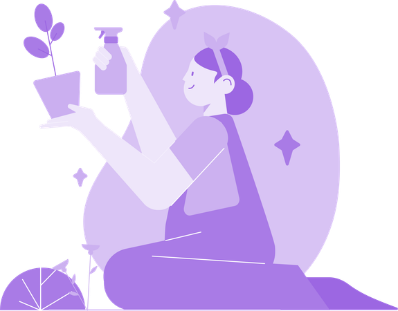 Girl Watering On Plants  Illustration