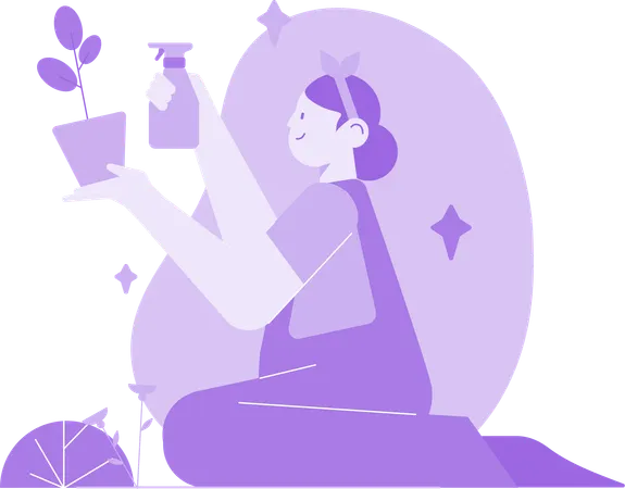Girl Watering On Plants  Illustration