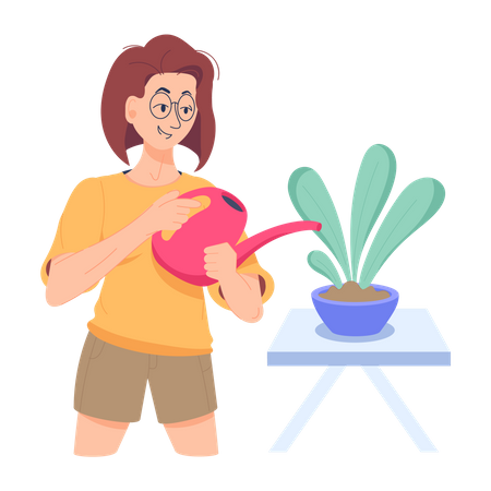 Girl watering plant at home  Illustration