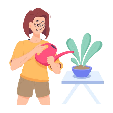 Girl Watering Plant At Home Illustration