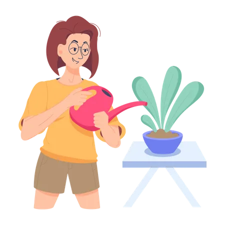 Girl watering plant at home  Illustration