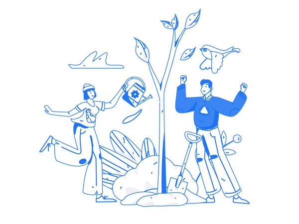 Girl watering plant while man digging  Illustration
