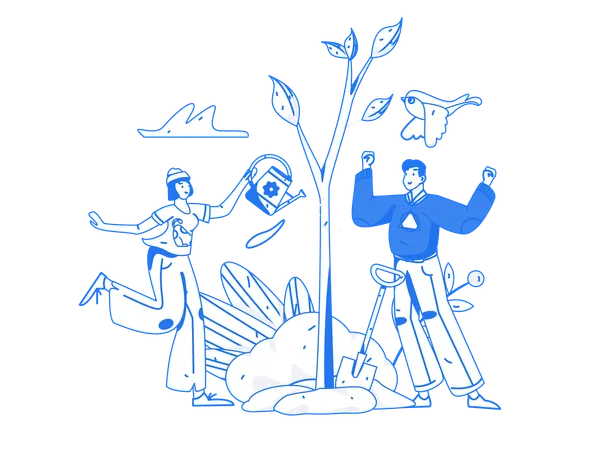 Girl watering plant while man digging  イラスト