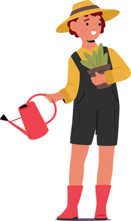 Girl watering plant with watering can  Illustration