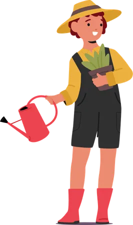 Girl watering plant with watering can  Illustration