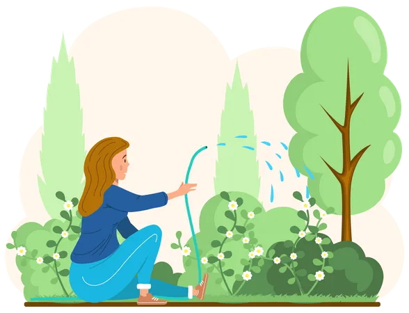 Girl watering plants Illustration