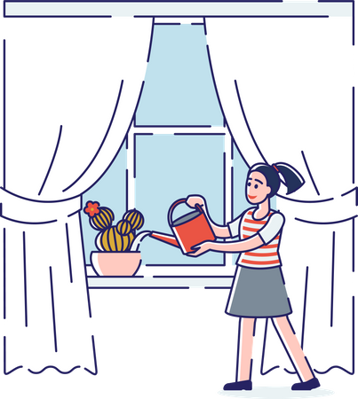 Girl watering plants at window using watering can  Illustration