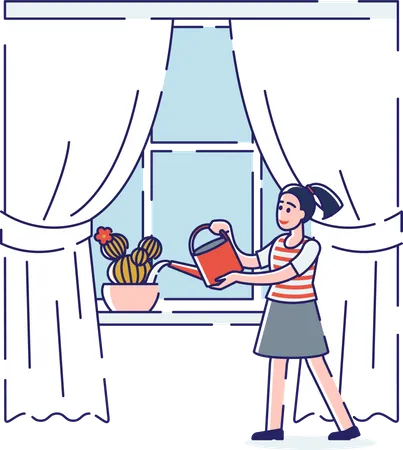 Girl watering plants at window using watering can Illustration