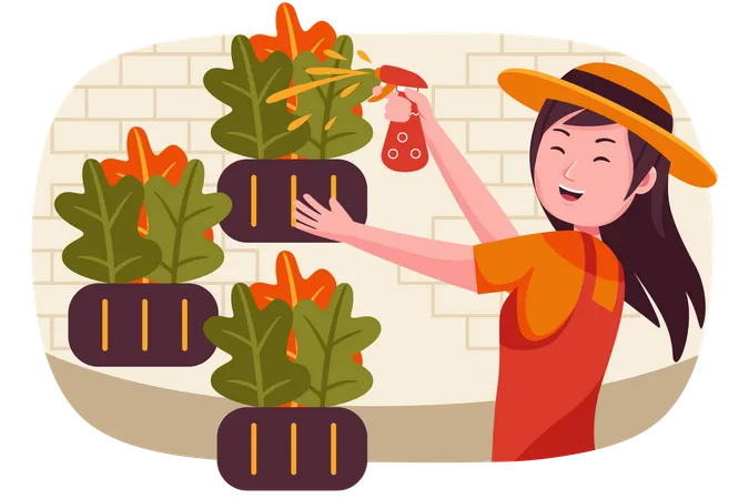 Girl watering plants  Illustration