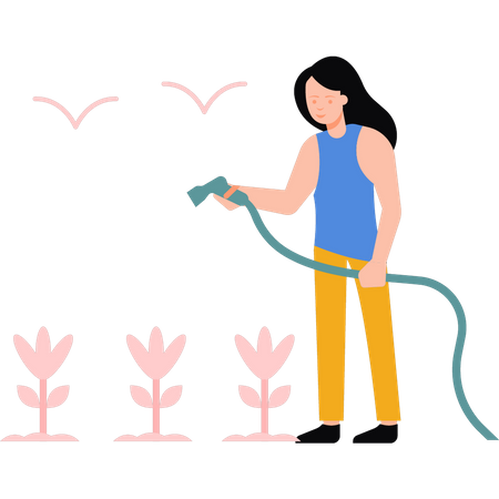 Girl watering plants with pipe  Illustration
